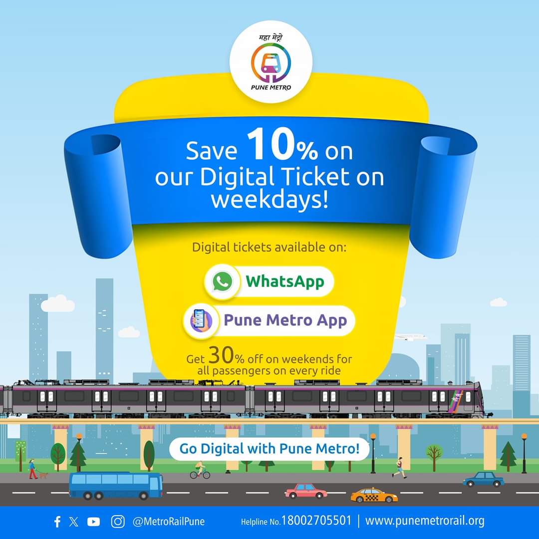 Go Green & Save More... Make the smart choice for the environment with Pune Metro! Simply send 'Hi' to 9420101990 on WhatsApp OR use the official Pune Metro app Go paperless, opt for our E-tickets, and ensure a hassle-free, eco-friendly travel experience. #punemetro…