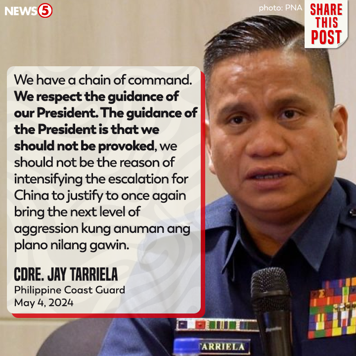 Idiniin ni Philippine Coast Guard #PCG Cdre. #JayTarriela na hindi sila maaaring gumawa ng kagbang na magiging dahilan ng paglala ng tensyon West Philippine Sea #WPS at bilang paggalang na rin sa direktiba ni Pres. #BongbongMarcos. #News5