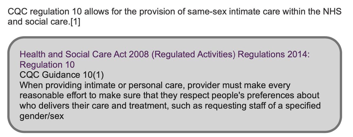 First up: in section 1 of our report to Parliamentarians we discussed how gender ideology and misapplication/misunderstanding of guidance and legislation is undermining patient's access to same-sex care. For example, CQC regulation 10 allows for same-sex intimate care. (1/5)