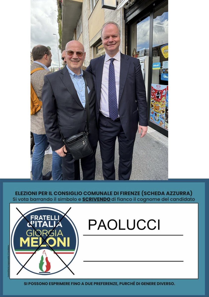 Per un cambiamento reale, per una Politica ispirata ai Valori della Vita, del Lavoro, della Famiglia, della crescita economica. Lista di fratelli d’Italia, che sostiene Eike Schmidt candidato Sindaco di Firenze per il centro destra, ma non sono iscritto a nessun partito politico.