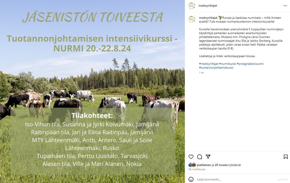 Maitoyrittajat's tweet photo. Maitoyrittäjien tuottajalta-tuottajalle valmennukset jatkuvat. Elokuussa kolmen päivän intensiivikurssi nurmiviljelystä. @Maitoyrittajat https://t.co/GNfvJyrcln