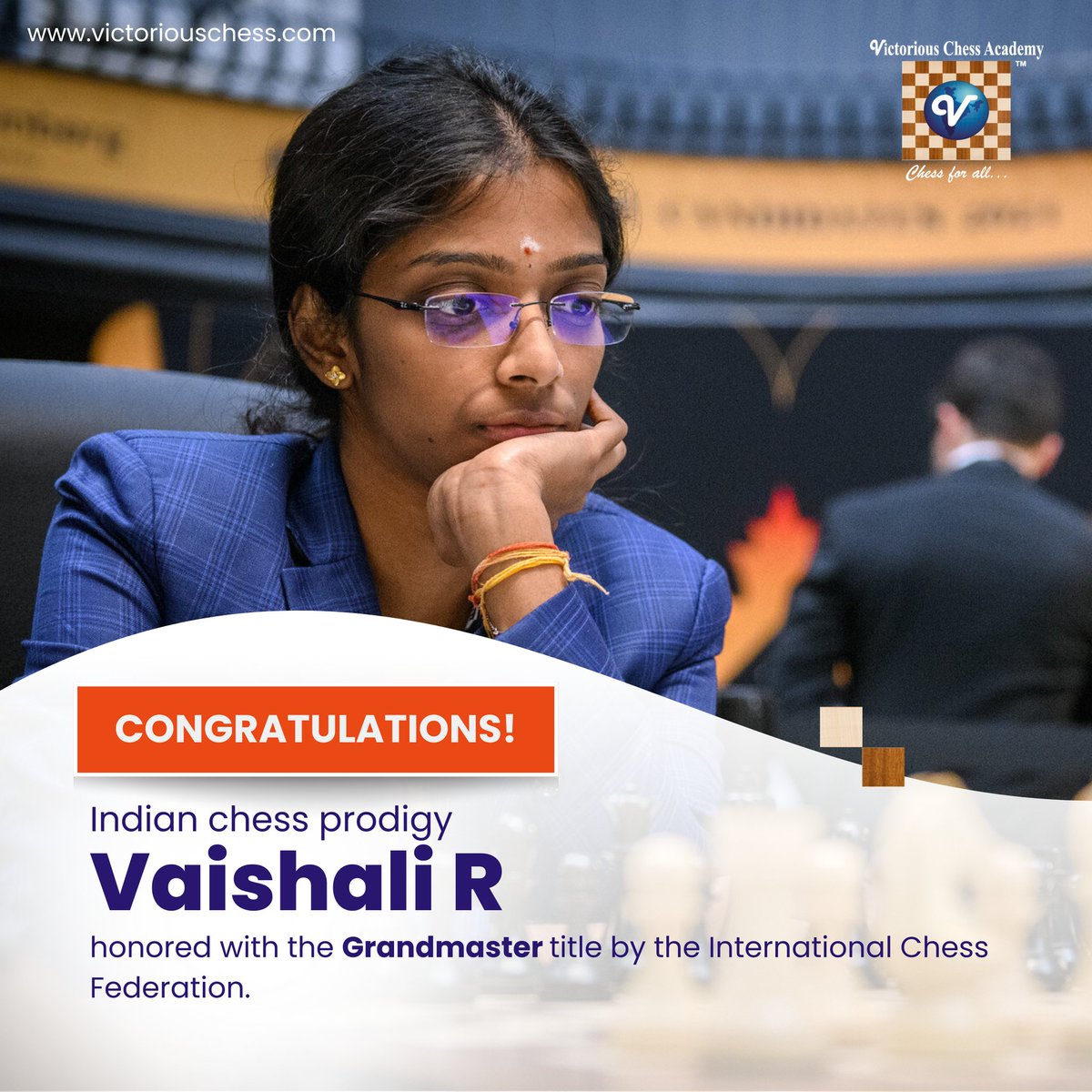 Indian chess prodigy Vaishali Ramesh Babu honored with the grandmaster🏆 title by the International Chess Federation.

Congratulations to Vaishali R💐💐✨

#victoriouschessacademy #grandmaster #achievement #india #breakingnews #fide #chesschampion #chessplayer #playchess