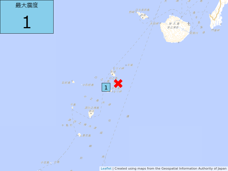 《地震速報(震源・震度情報)》2024年05月05日14時46分頃に地震発生　震源地はトカラ列島近海　震源の深さは20km　M1.7　最大震度1

この地震による津波の心配はありません。
#地震速報 #地震