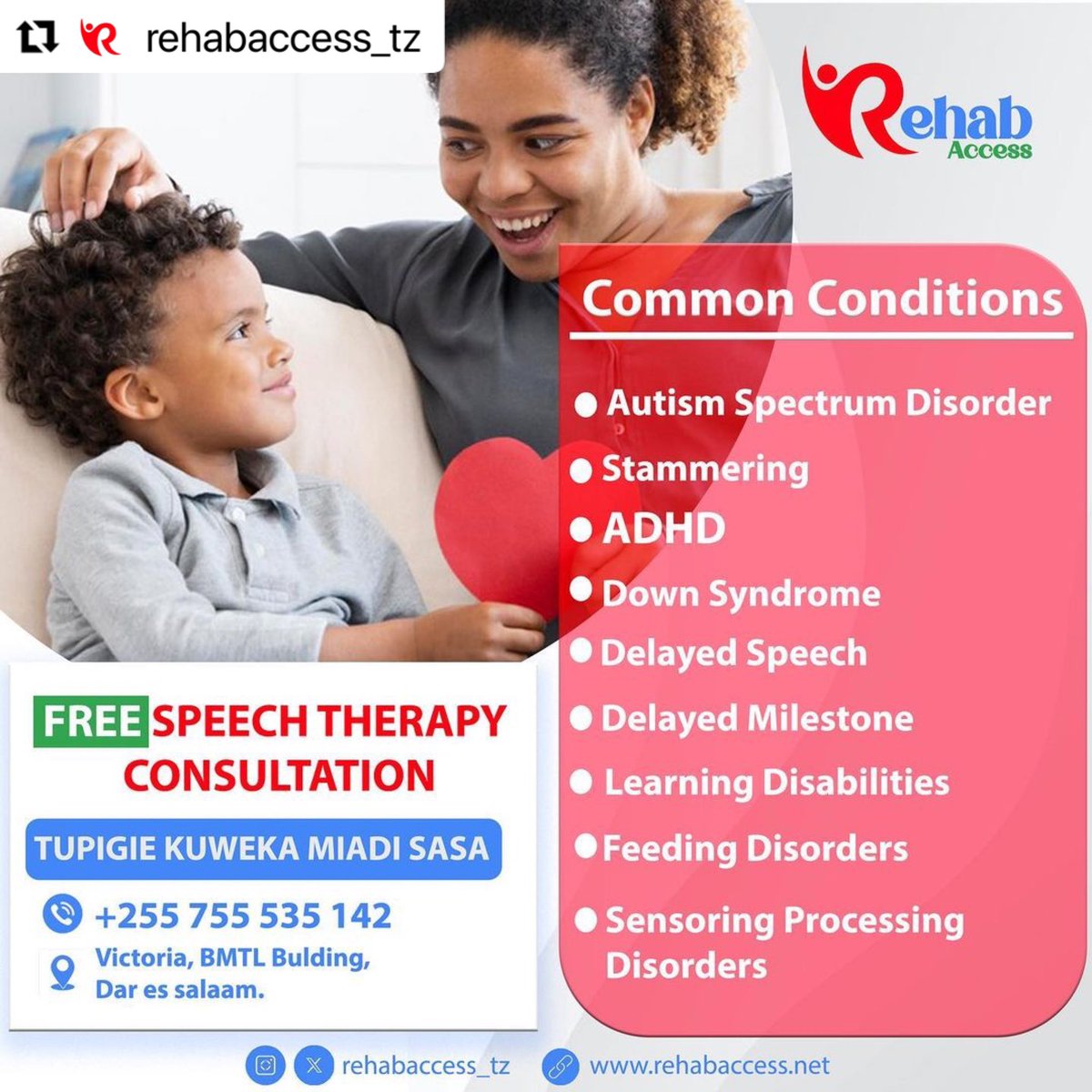 RehabAccess_tz's tweet photo. Utambuzi na matibabu ya mapema ni njia bora kabisa ya kufanikisha ustawi na ubora wa maisha. Chukua hatua sasa kukutana na wataalam wetu hapa RehabAccess Therapy Clinic, mapema ndio best!

#RehabWorks #Spechie #SpeechTherapy #RATC
#mapemandiobest https://t.co/tCqFjXF6dm
