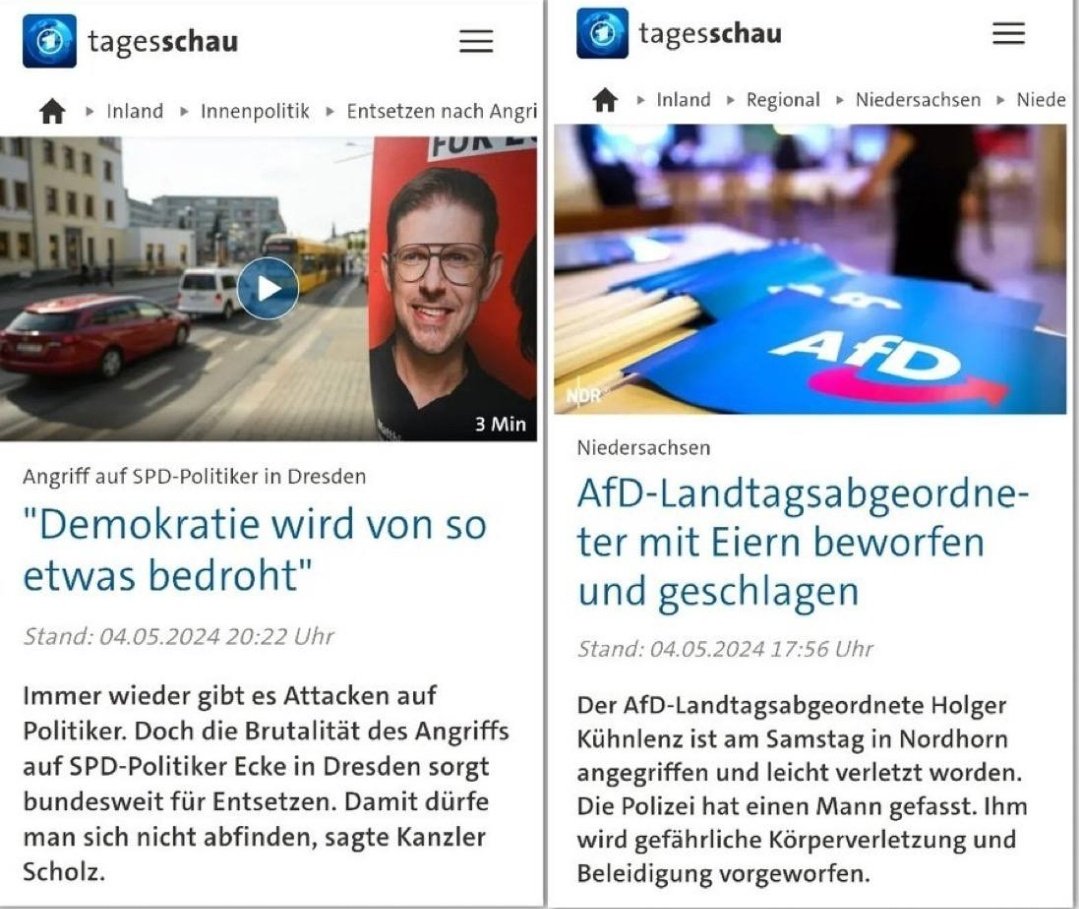 Den Angriff auf #AfD Politiker Kühnlenz findet man bei d @tagesschau unter Regional NI. Der Angriff auf den SPD Politiker #Ecke ist das Topthema im Bereich Innenpolitik. Wäre schön, wenn Medien sämtliche Gewalttaten gleich verurteilen würden. 🇩🇪 #Miosga #Presseclub #GEZabschaffen