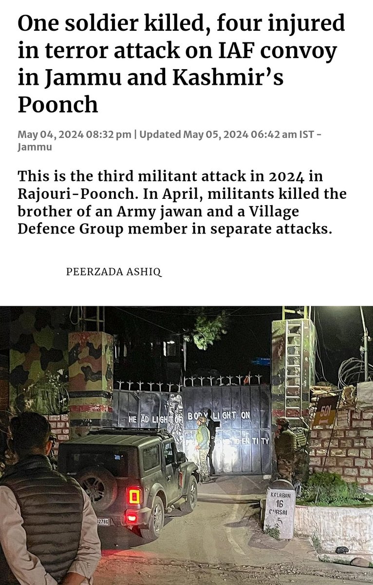 The #TerroristAttack in #Poonch has claimed the life of an #IndianAirForce soldiers and wounding 4 others. One of our bravehearts is still under critical condition. This is the third attack in April 2024. Islamic jih@dis have murdered the brother of an Army Jawan and a Village