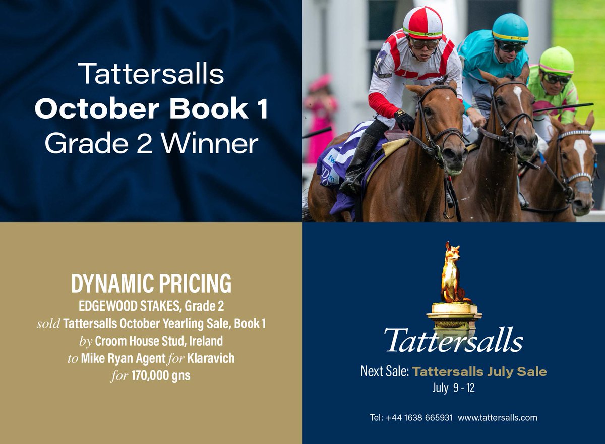 💫 More International Stakes glory for graduates of @Tattersalls1766 💫 DYNAMIC PRICING wins the Gr.2 Edgewood Stakes. Sold at the October Yearling Sale, Book 1 by @CroomStud to Mike Ryan, Agent for Klaravich for 170,000gns. NEXT SALE: Tattersalls July Sale 🗓 July 9 - 12