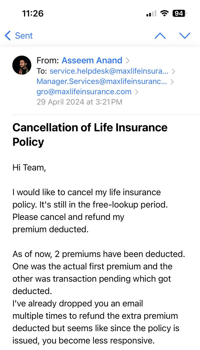 @irdaindia @MaxLifeIns it’s been 3 days I had escalated & 6 days since my first email. Policy has not been cancelled yet. You’re forcing me to take a legal route through IRDAI to get my policy cancelled. 
Stop calling for sales & refund my 2 premium (one actual and one deducted incorrectly)