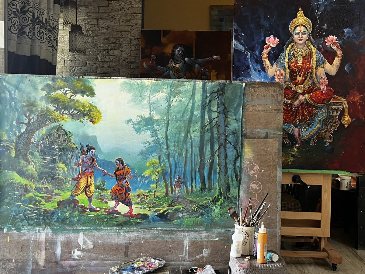 my studio is happily claustrophobic now . feel cosy to be surrounded by almost complete #canvas around me ! #artstudio #acrylic #ArtistOnX #paintinginprogress #biswaalart #Ramayana