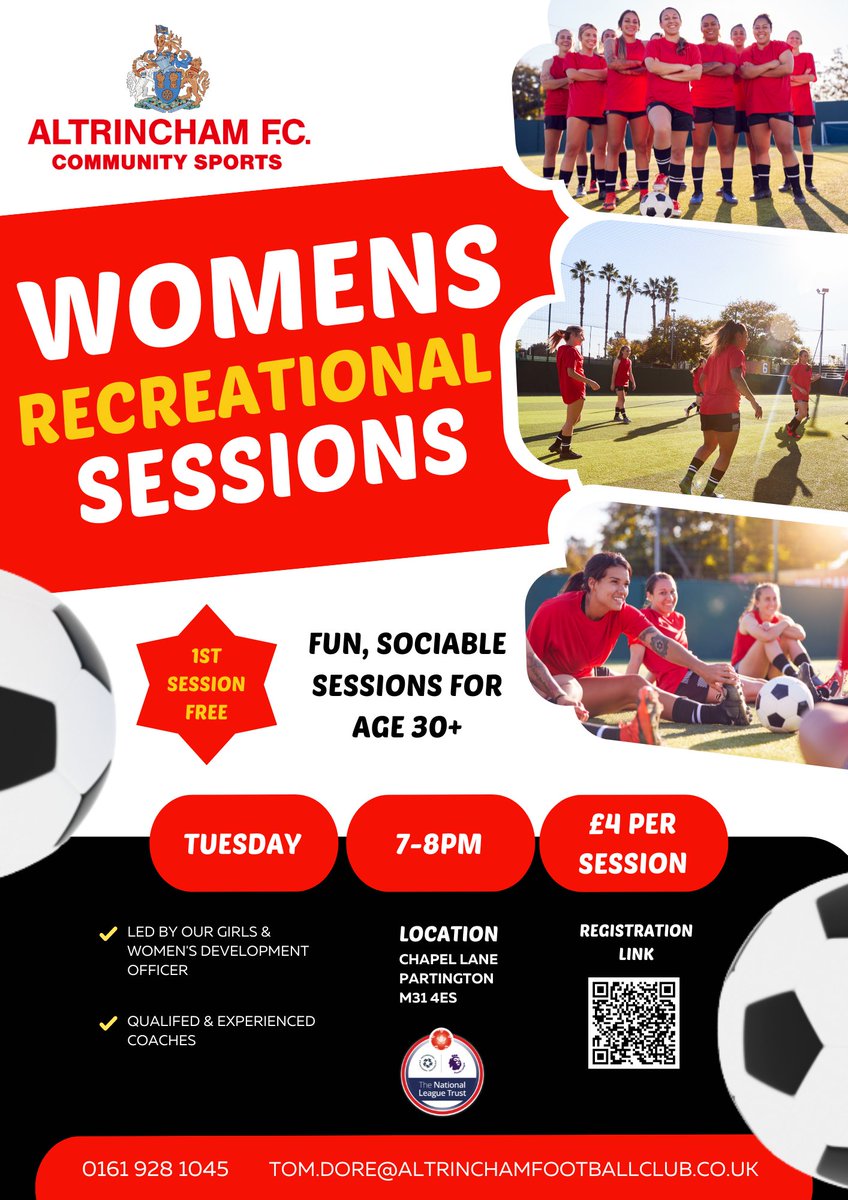 WOMEN'S RECREATIONAL SESSIONS Led by our Girls & Women's development officer. Come down for a fun, sociable session ⚽ 📍 Partington Sports Village, Chapel Lane, Partington, M31 4ES 📆 Tuesdays 🕛 7-8pm 💷 £4 per session Sign Up ➡️ ow.ly/1kyt50Qy44t @altrinchamtoday