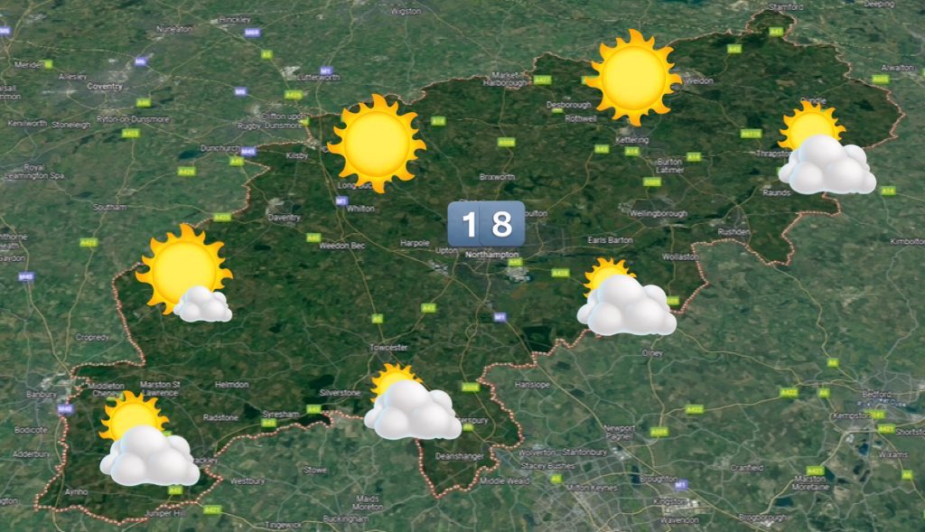 Good morning Northants. A sunny start to Sunday (once any patchy mist clears) before clouds develop to give warm sunny spells & a small risk of a afternoon shower. A gentle breeze. 18°C. Cloud, showers & some sunny spells tomorrow. 17°C.