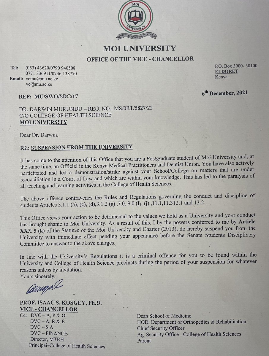 3 years ago I was handed a letter of suspension by Mgt of @MoiUniversity  for leading a strike that lasted 72 DAYS

The harvest from this resolve yielded

The letters do not deter the resolve

The battle for right Labour practice begets unwavering resilience

#DoctorsStrikeKE