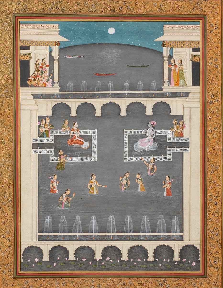 Rādha and Kṛṣṇa seated in discourse in an extensive lakeside palace, with female musicians and attendants
Kishangarh style, 20th century
