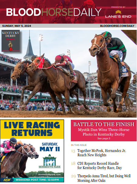 In Sunday's #BHDaily:           
Mystik Dan Wins Three-Horse Photo In KY Derby;
Together McPeek, Hernandez Jr. Reach New Heights;
CDI Reports Record Handle for KY Derby Race, Day

READ MORE →tinyurl.com/BHDaily