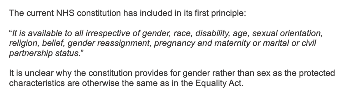 Even the current NHS constitution has removed sex from the list of protected characteristics, replaced by 'gender' which is not a protected characteristic in the Equality Act. It is vital for protecting same-sex care that #SexNotGender is recorded and referred to. (5/5)