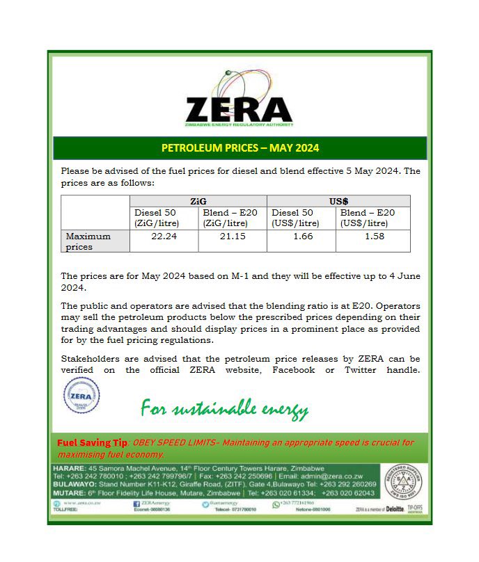 I have seen this ZERA price card being used for propaganda purposes by ZANUPF propagandists, insinuating that petrol is now being sold in ZiG in Zimbabwe. THAT IS NOT TRUE. ZERA is simply stating that anyone who wants to sell fuel in ZiG should use the prescribed prices on the…