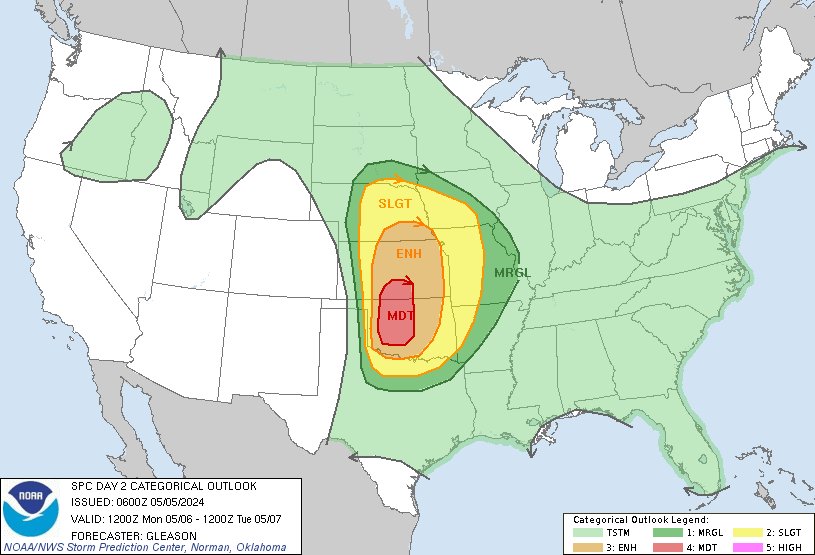 NEW: The Storm Prediction Center has drawn a level 4 out of 5 red zone risk for severe weather on Monday. Strong and/or long-track tornadoes, as well as very large to giant hail, appears possible.