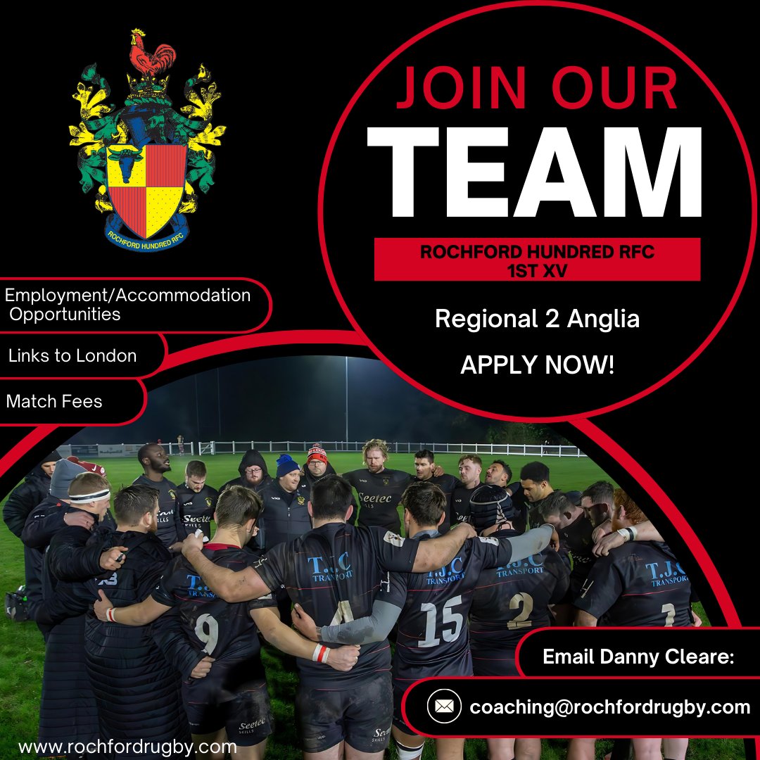 🔴1st XV Player Recruitment⚫️
Ready for an unforgettable season? Join the Rochford Hundred Rugby Club's 1st XV for an epic 2024/25 season!
 
#rochfordrugby #essexrugby #Rochford #Essex #joinus #playerswanted #jointhefamily #oneclub #rugbyunion #rugbyteam #1stxv  #rugbyvacancies