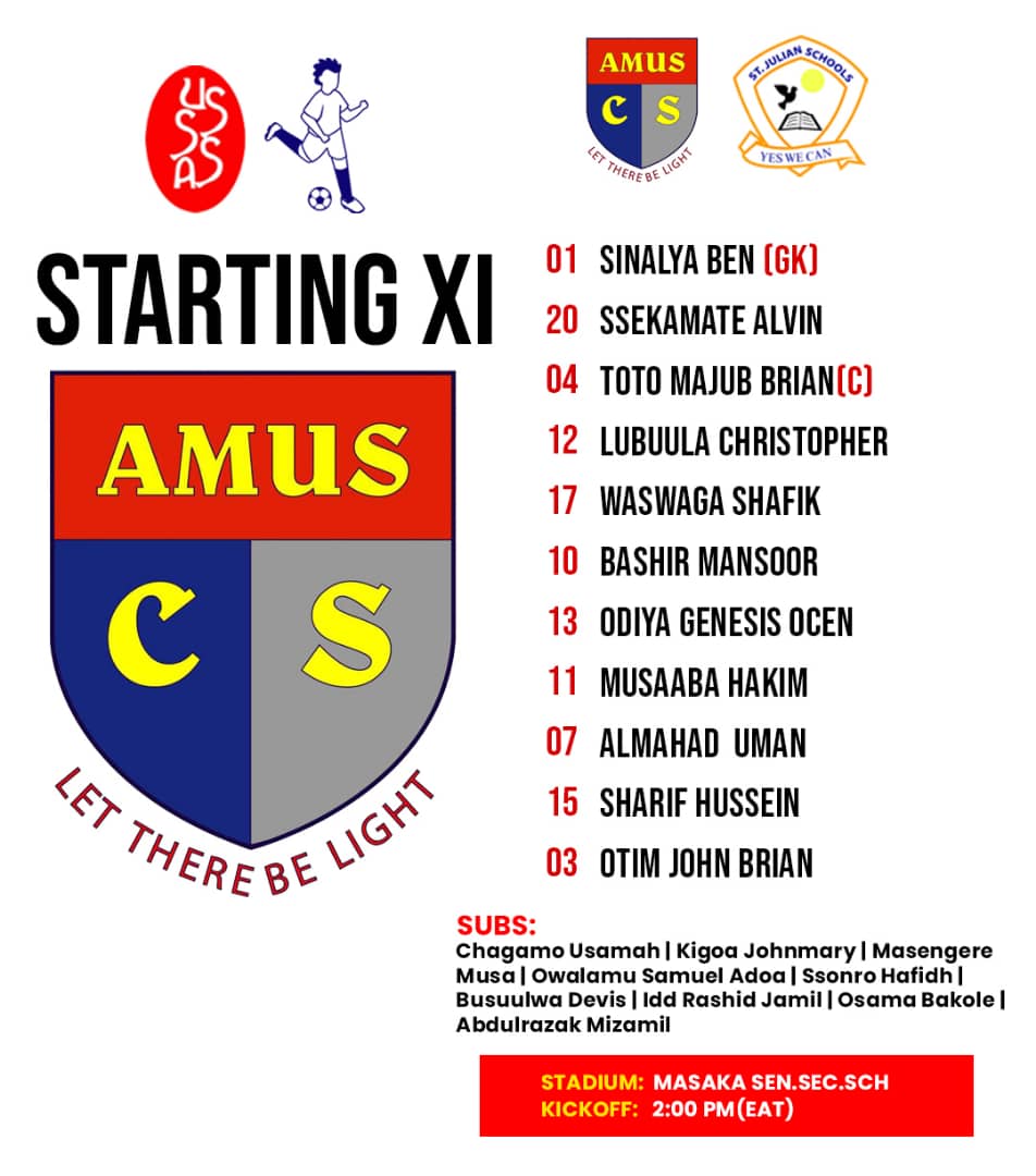 #SbkSportsMailUpdate | The lineups are in for the #USSSAFootballBoys2024 final showdown between Amus College and debutants St. Julian High Seeta! 🔥⚽ Get ready for a clash of titans as these two teams battle it out for glory on the grandest stage! 🏆 #FinalShowdown