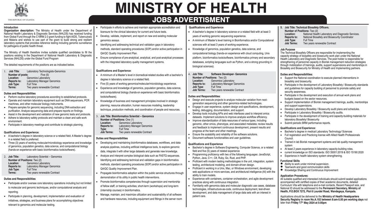 Several job vacancies are available at the Ministry of Health Uganda. 
Kindly apply or reshare with others.

#jobclinicug #jobs #ApplyNow #hiring #jobsinuganda #careers #jobseekers