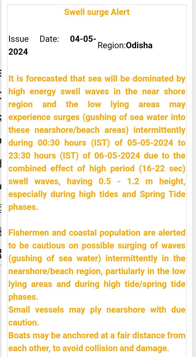 Swell Surge Alert For #Odisha From @ESSO_INCOIS It is forecasted that sea will be dominated by high energy swell waves in the near shore region and the low lying areas may experience surges (gushing of sea water into these nearshore/beach areas) intermittently during 00:30 hours…