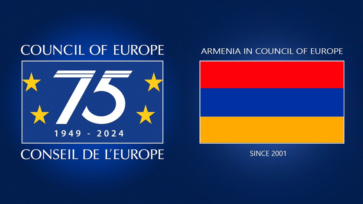 Happy #EuropeDay-2024 marking the 75th anniversary of #CouncilOfEurope - sentinel of Human Rights, Democracy & Rule of Law across #Europe. #Armenia🇦🇲, advancing resolutely on its democratic path with @coe, contributes to safeguarding integrity of the shared values & principles.