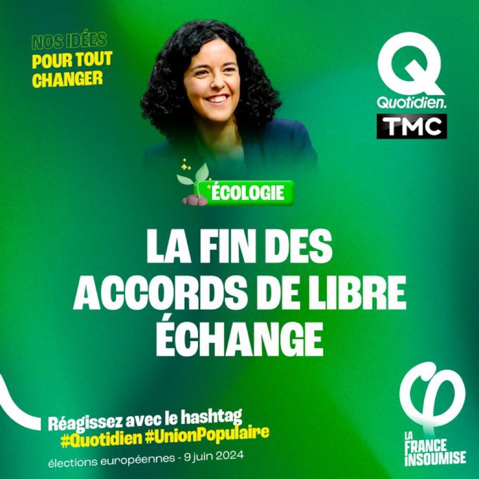 @ManonAubryFr En 2024 on change tout 

Plus jamais @Renaissance
Plus jamais @lesRepublicains
Plus jamais @RNational_off
Plus jamais @Reconquete_off
Plus jamais @partisocialiste
Plus jamais @EELV 

Leurs groupes signent tous les accords de libre échange 🤡

+ que jamais #UnionPopulaire 

🇫🇷✝️✊