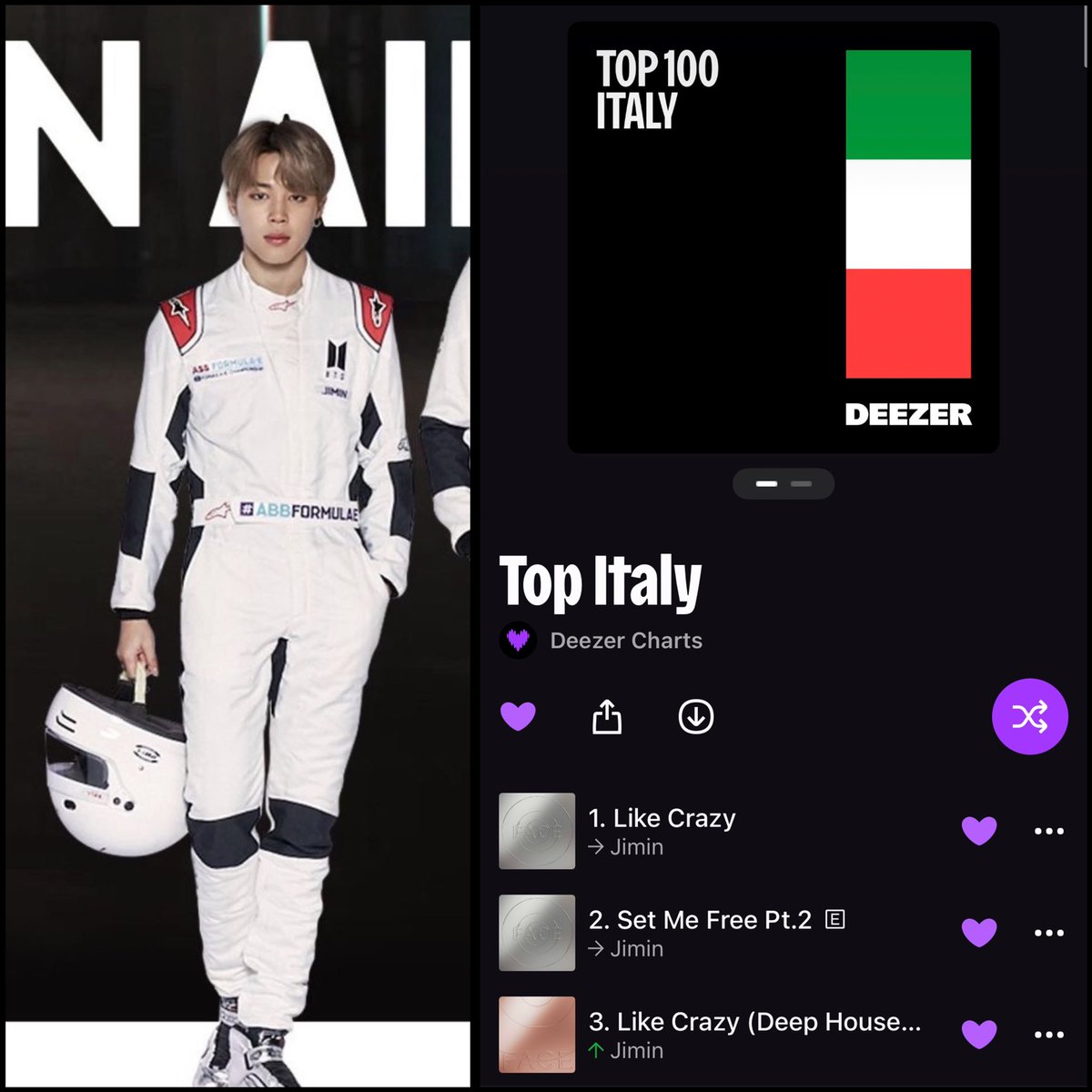 Deezer Top 100 Italy 🇮🇹 04/05

#1 Like Crazy 
#2 Set Me Free Pt.2 
#3 Like Crazy (DHR) 
#5 Closer Than This
#8 Like Crazy (UGR) 
#17 Alone 
#18 Face-off 
#19 Dive
#93 Promise 

Keep streaming Jimin’s discography on all platforms 🙏🏻