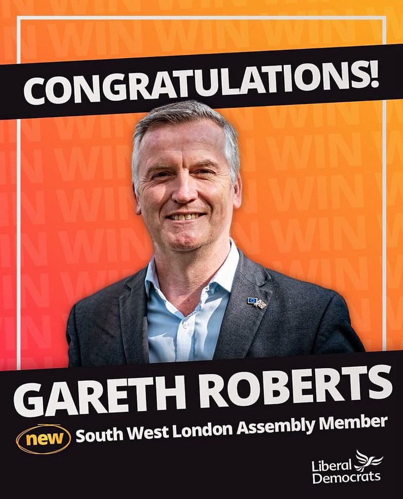 At last, a Lib Dem voice in City Hall to champion South West London 🚀 Huge congratulations to Gareth Roberts!💥