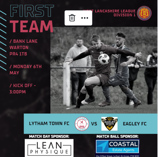FIXTURE Tomorrow the 1st team welcome champions @Eagley_Football to Bank Lane for the final game of the season. It looks like its going to be a cracking day so why not come and support the lads and get your final free footy fix of the season? Kick Off – 3pm Bar Open – 2pm