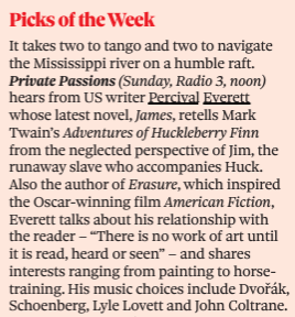 Top of Stephanie Billen's 📻picks of the week in @ObserverUK is Percival Everett on @BBCRadio3's Private Passions - unfailingly fantastic programme, and no more so than with today's edition. ON IN 5 MINS then on sounds here: bbc.co.uk/programmes/m00…