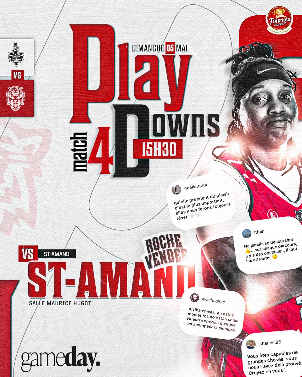 larochevendee's tweet image. 😤𝗝𝗢𝗨𝗥 𝗗𝗘 𝗠𝗔𝗧𝗖𝗛 | #Playdowns | Match 4. 

Un match qui sent la poudre. 😳

🆚 @St_Amand_Basket 
⏱️ 05 mai | 15h30
📍 Salle Maurice Hugot 
📺 En direct sur la chaîne YouTube de la FFBB 

Match annoncé par La Fournée Dorée