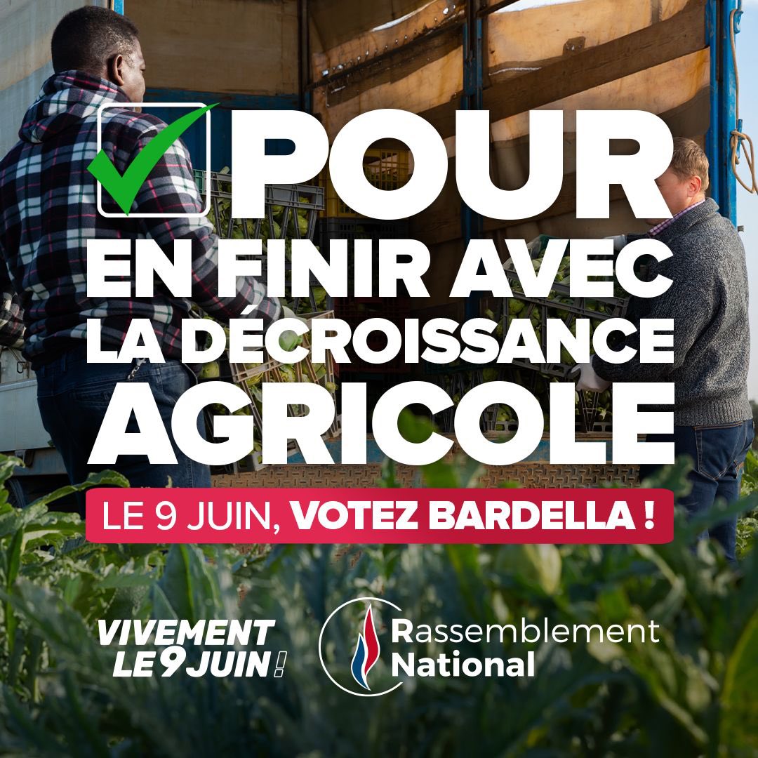 🔵 Avec le « Pacte Vert » porté par la macronie, Bruxelles organise la mort de notre agriculture ! En prônant la baisse des rendements agricoles, l’UE impose la décroissance et l’écologie punitive. Pour nos agriculteurs, nous abrogerons ces mesures. #VivementLe9Juin #LeGrandJury