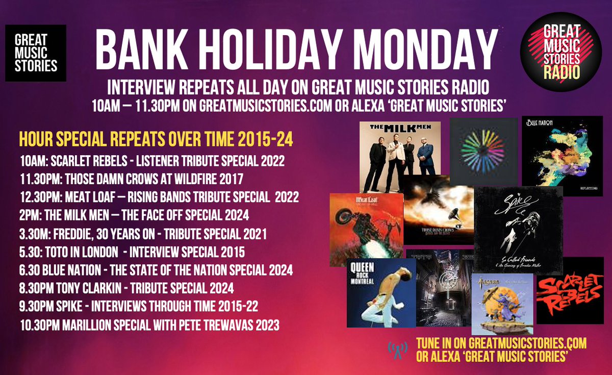 Monday on greatmusicstories.com / alexa. I won't be able to be in for a Monday show this week, but a choice selection of interview special repeats rolling all day from 10am. Wishing everyone a happy Bank Holiday Monday