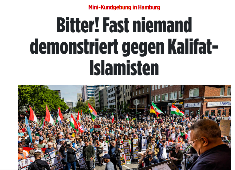 Knapp 800 Teilnehmer bei der Demo gegen Kalifat-Islamisten. BITTER aber soviel zur Mitte der Gesellschaft, die gegen Hass und Hetze und Gewalt ist.
Ist ja nicht gegen Rechts, da brauchen wir nicht🤡🤡🤡