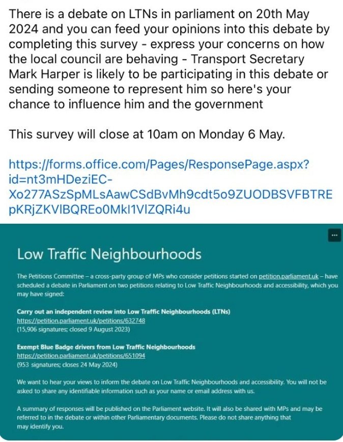 Spread the word on the LTN parlimentary debate. We will be very pleased if all Blue Badge holders are permitted through LTNs. Even better if LTNs are removed altogether as no one voted for them or wants them other than a handful of selfish NIMBYs. forms.office.com/Pages/Response…
