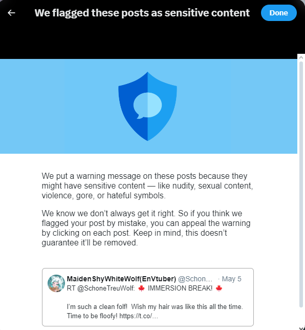 SchoneTreuWolf's tweet photo. #Twitter #twittersupport you want to flag my FACE as sensitive? Im not even that fucking pretty! Can we have some help with this? I appealed it now please, take the flag warning OFF. Dont suppress something that is ACTUALLY safe! https://t.co/WdzQwosKNG