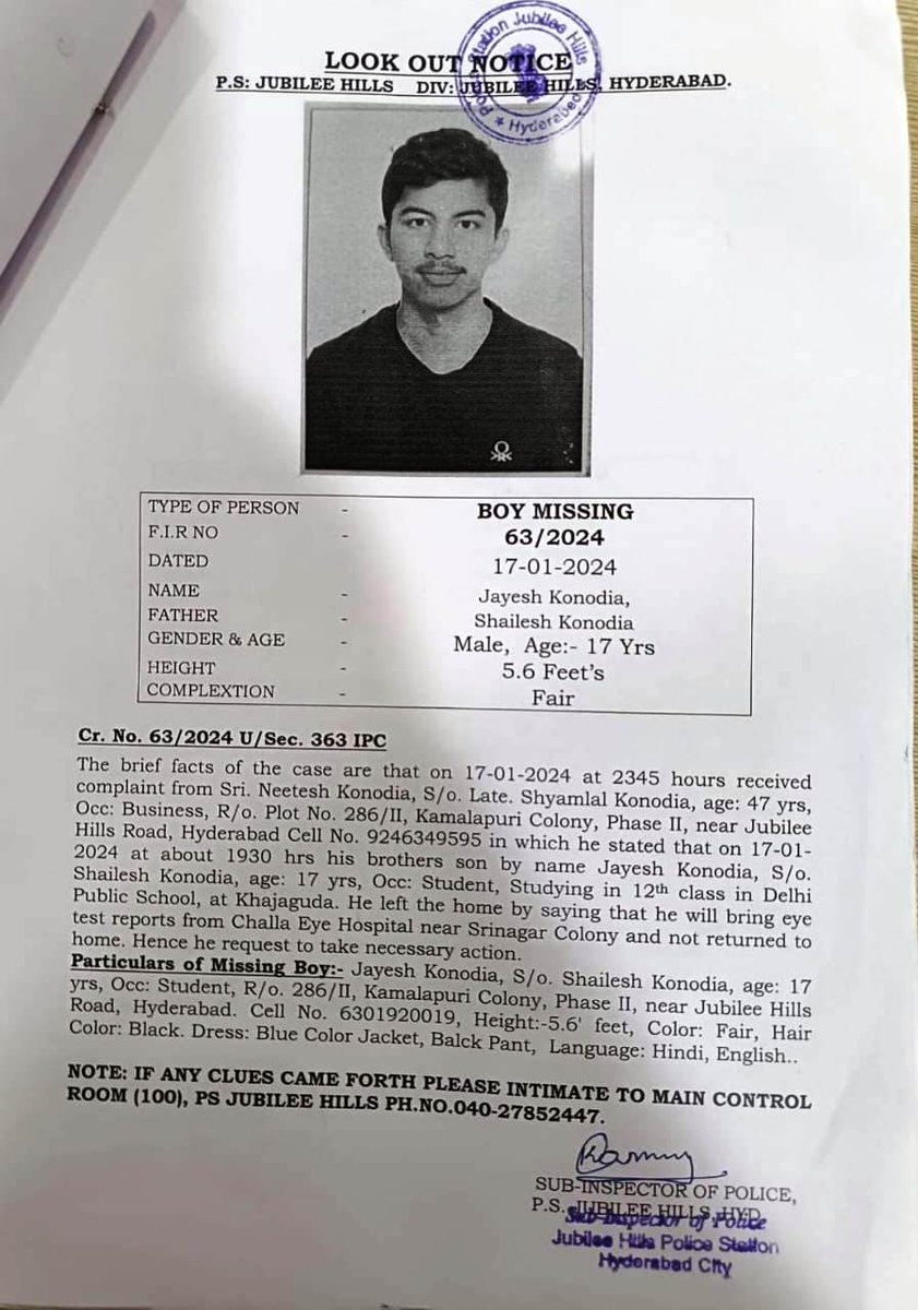 Missing Jayesh Kondania found in Amritsar, parents hanked all those who helped them in searching their son:

Jayesh Kondania-17 Years, son of Shailesh Kondania who is student of XIIth Class in Delhi Public School who went missing on 17th Jan 2024 vide missing FIR No: 63/2024 of…