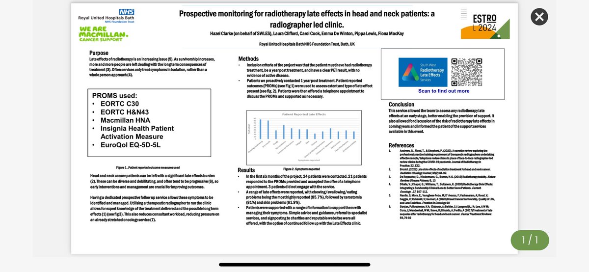 Hazel presenting her poster “Prospective monitoring for radiotherapy late effects in head and neck cancer patients” #ESTRO24