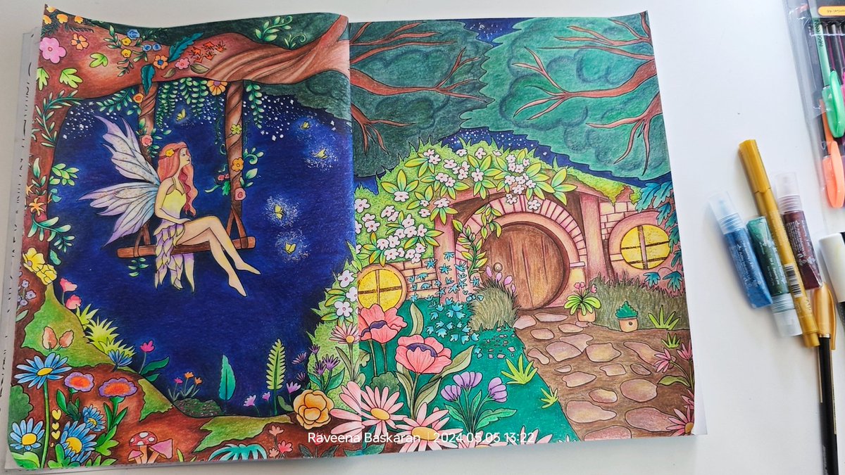 Finally I did it! I'm so proud of this piece 🧩💪🏻🤩🤩 Materials used: various colour pencil brands, soft pastels, glitter sticks, white pen, glitter pen, fixative. Book: ' The Whimsical Garden Journey by Raveena Baskaran ' #adultcoloringbook #adultcoloringpage #landscapedesıgn