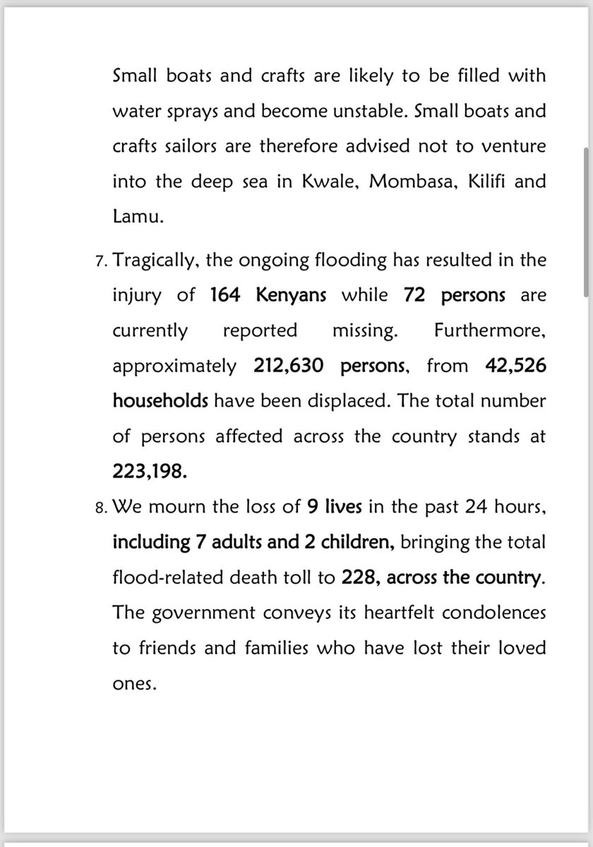 Summary of the Government Spokesman's Update on the Flooding Situation in Kenya: ☑️Heavy rainfall persists in various regions including the Lake Victoria basin, Rift Valley, Nairobi, and South-Eastern lowlands, with further rain forecasted. ☑️Moderate to heavy rainfall expected