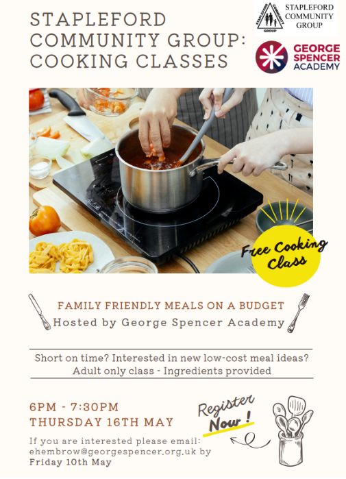 Like the idea of 'family meals' on a BUDGET?! Why not join Stapleford Community Group: Cooking Class Thursday 16th May 6pm-7.30pm. Hosted by George Spencer Academy If you are interested email ehembrow@georgespencer.org.uk #cooking #familymeals #budget #georgespenceracademy