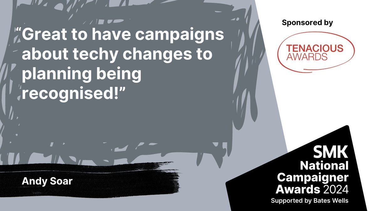 Congratulations to Andy Soar – shortlisted for Campaigner of the Year in the #SMKAwards2024. 

Winners will be announced on 15 MAY. 

More details here smk.org.uk/awards_nominat… #LoveCampaigning 

Sponsored by @TenaciousAwards