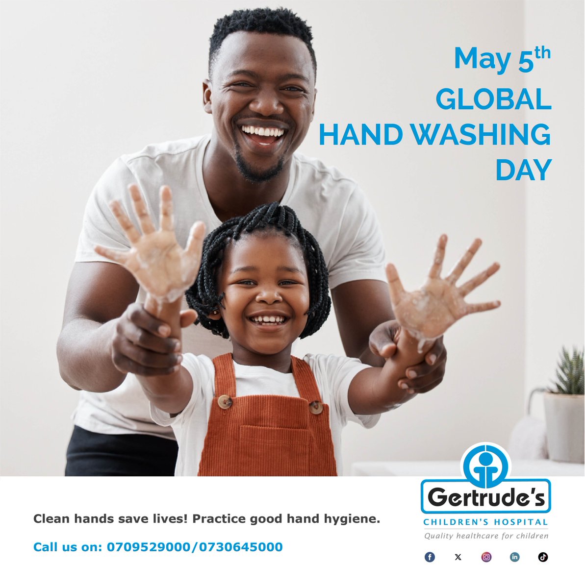 Keep those hands clean! It's Global Hand Washing Day, a reminder of the importance of hand hygiene in preventing the spread of illness. Let's all do our part to stay healthy and safe! Call 0709529000. #GertrudesKe #GertrudesCares #GlobalHandWashingDay #CleanHandsSaveLives