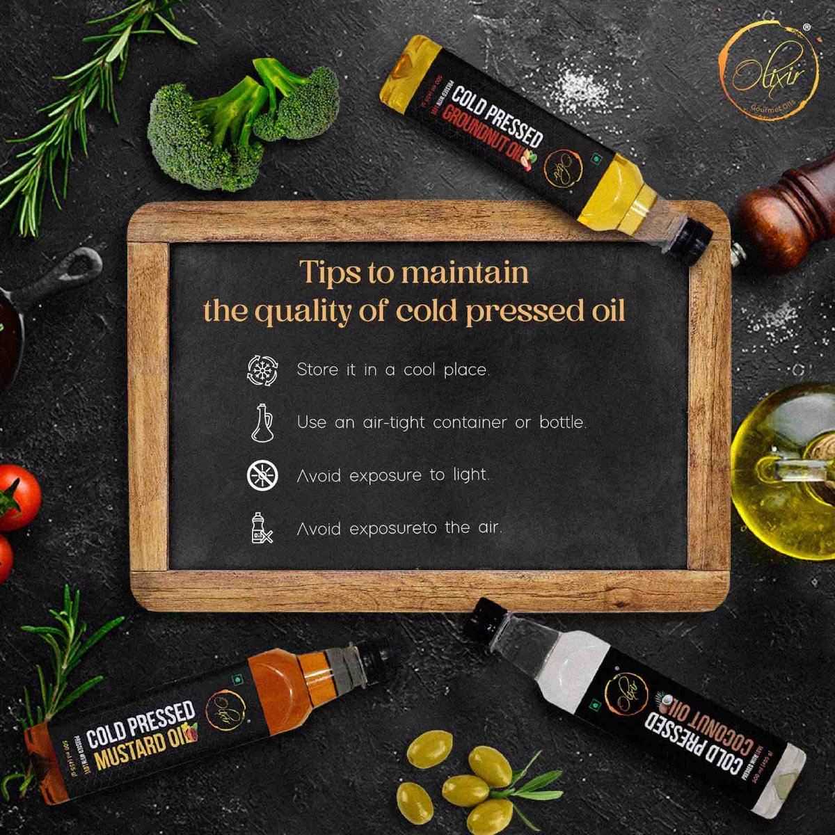 Kitchen Tip: Even though cold-pressed oils are pretty stable at room temperature, they can tend to get perished as these oils are free of chemical solvents.

#olixiroils #coldpressedoils #storagetips #groundnutoil #kachighani #healthyoil #healthylifestyle #kitchentips