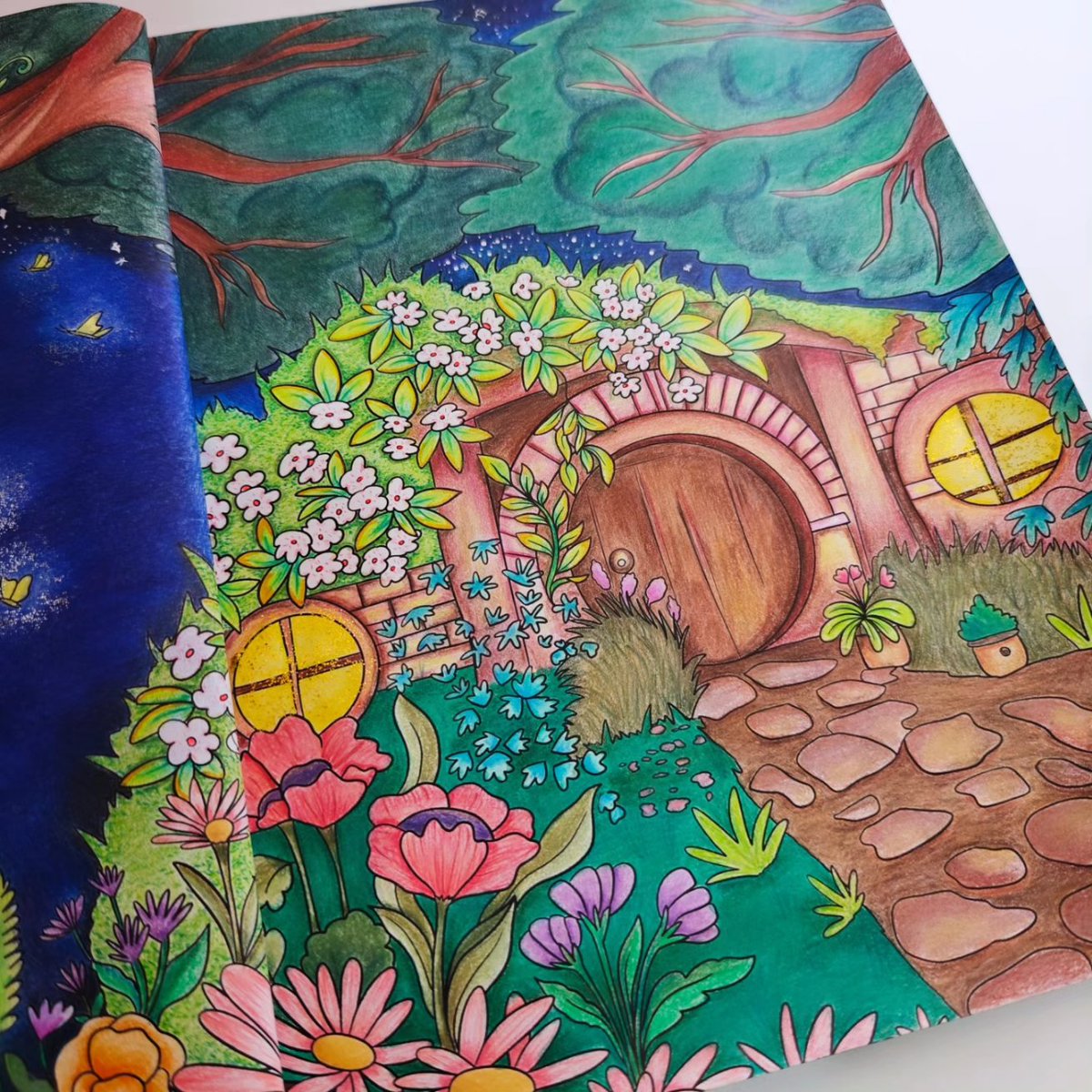 Finally I did it! I'm so proud of this piece 🧩💪🏻🤩🤩 Materials used: various colour pencil brands, soft pastels, glitter sticks, white pen, glitter pen, fixative. Book: ' The Whimsical Garden Journey by Raveena Baskaran ' #adultcoloringbook #adultcoloringpage #landscapedesıgn