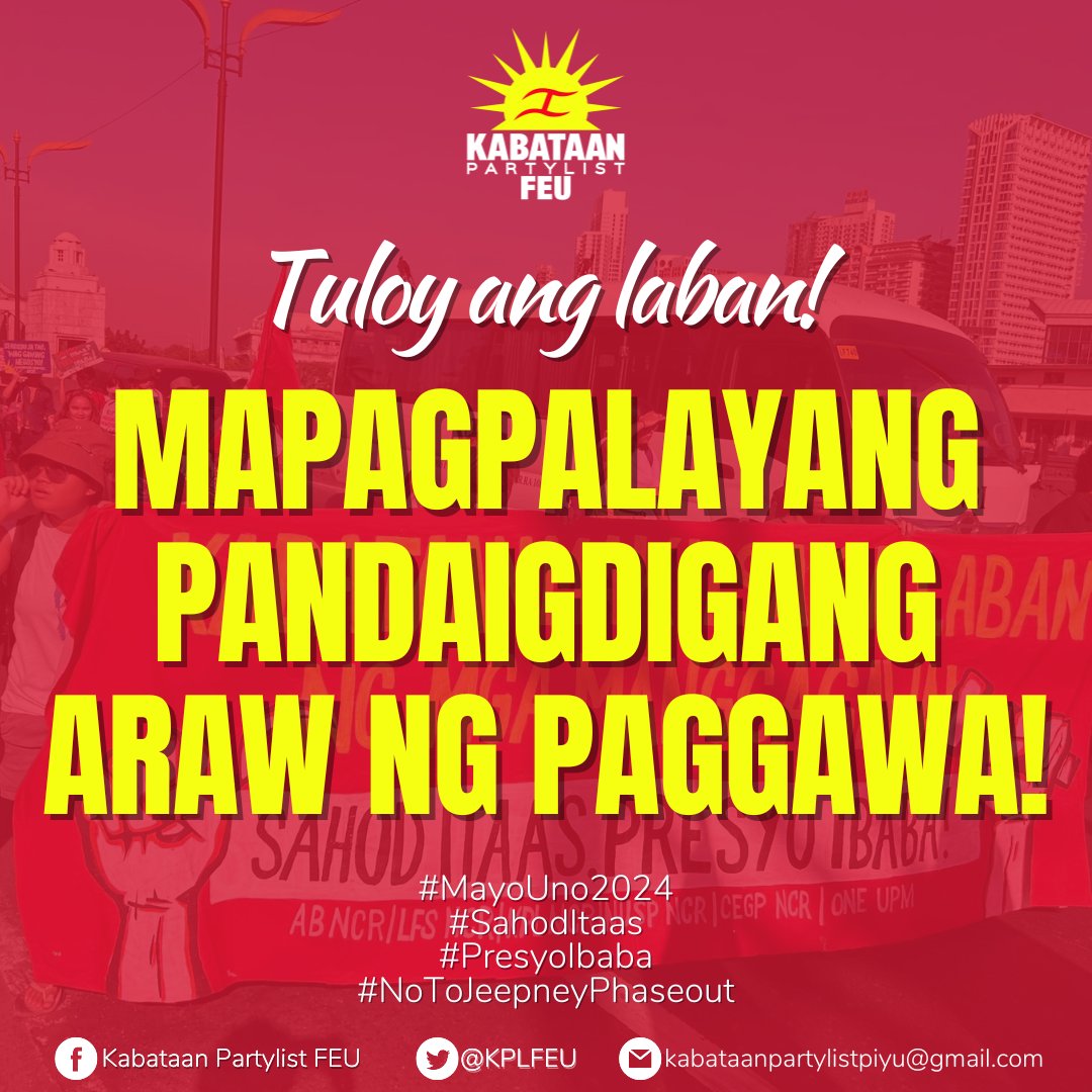 TINGNAN: Opisyal na Pahayag ng Kabataan PL FEU sa Mayo Uno 2024

TAMARAWS AT MANGGAGAWANG PILIPINO, MAGKAISANG TUMINDIG PARA SA KARAPATAN SA SAHOD, AT TRABAHO!

#MayoUno2024
#SahodItaas
#PresyoIbaba
#NotoJeepneyPhaseout