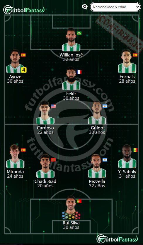 XI #RealBetis: Rui Silva; Sabaly, Pezzella, Chadi Riad, Miranda; Guido, Cardoso; Fornals, Fekir, Ayoze; Willian José