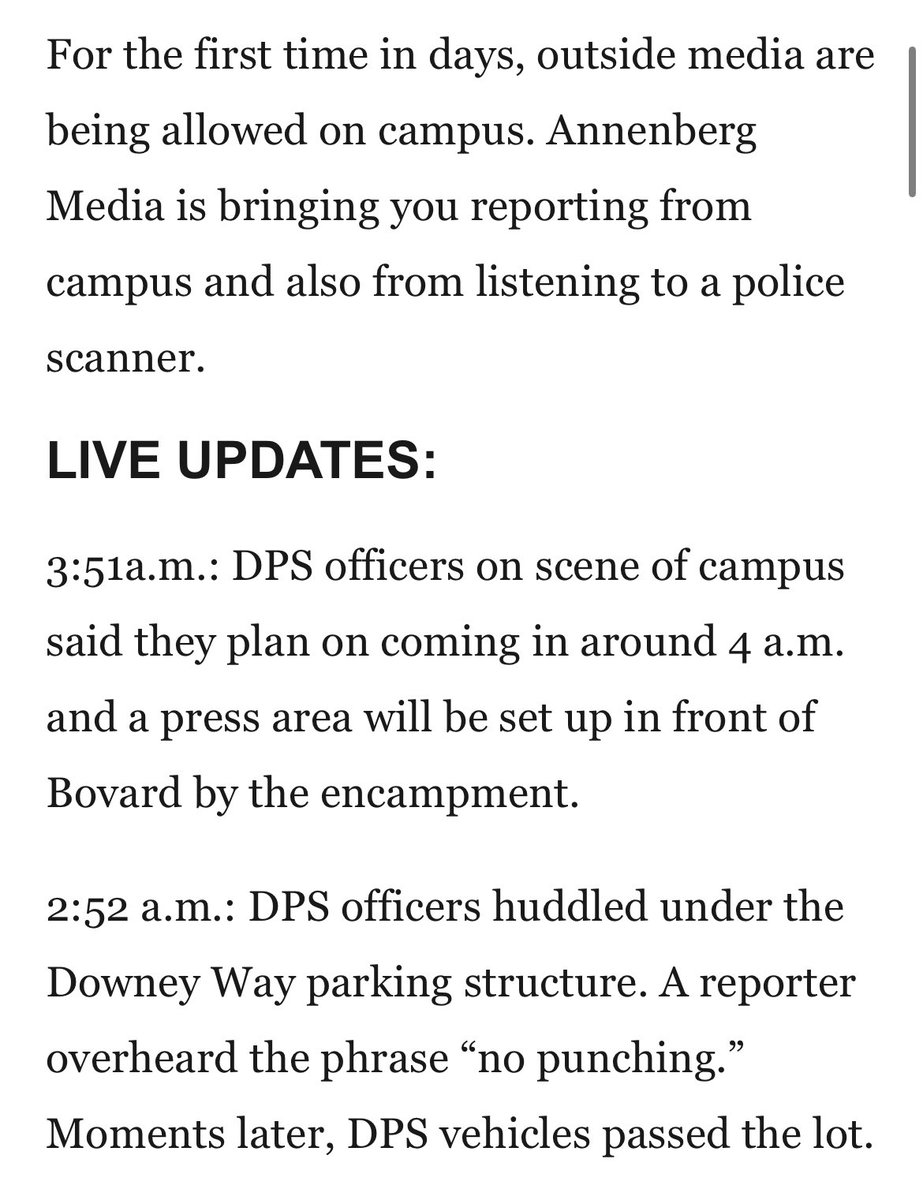 Big developments at USC. Police say they are about to go into the camp and they are now letting outside media in. Student media has been on the scene every day and night. uscannenbergmedia.com/2024/05/04/hed…