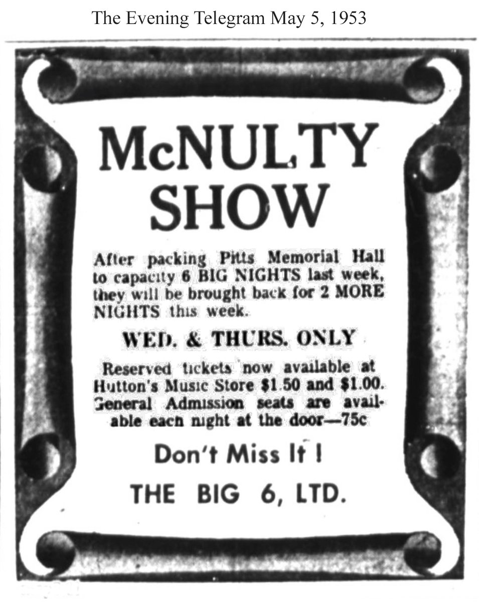 Today (May 5) in #NLMusicHistory... In 1953, The Evening Telegram ran an ad which announced that following six sold-out shows at Pitts Memorial Hall St. John's, THE McNULTY FAMILY had added 2 more performances. YIPPEE! @bonniejames72 @Bluestar0612 @CONDESCENDANT #McNultyFamily